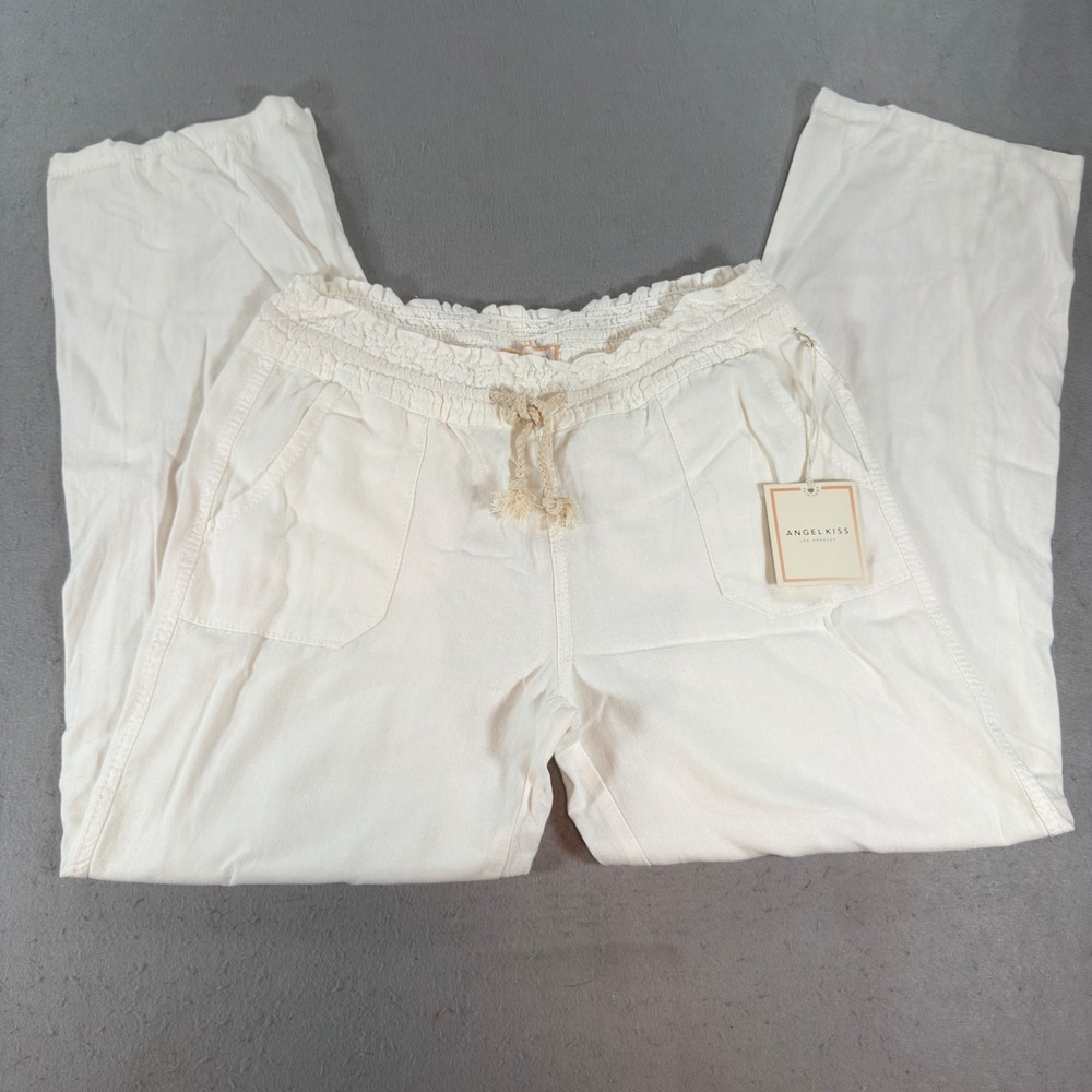 Angel Kiss Linen Blend Drawstring Pants White Smocked Waist‎ Women's Medium
